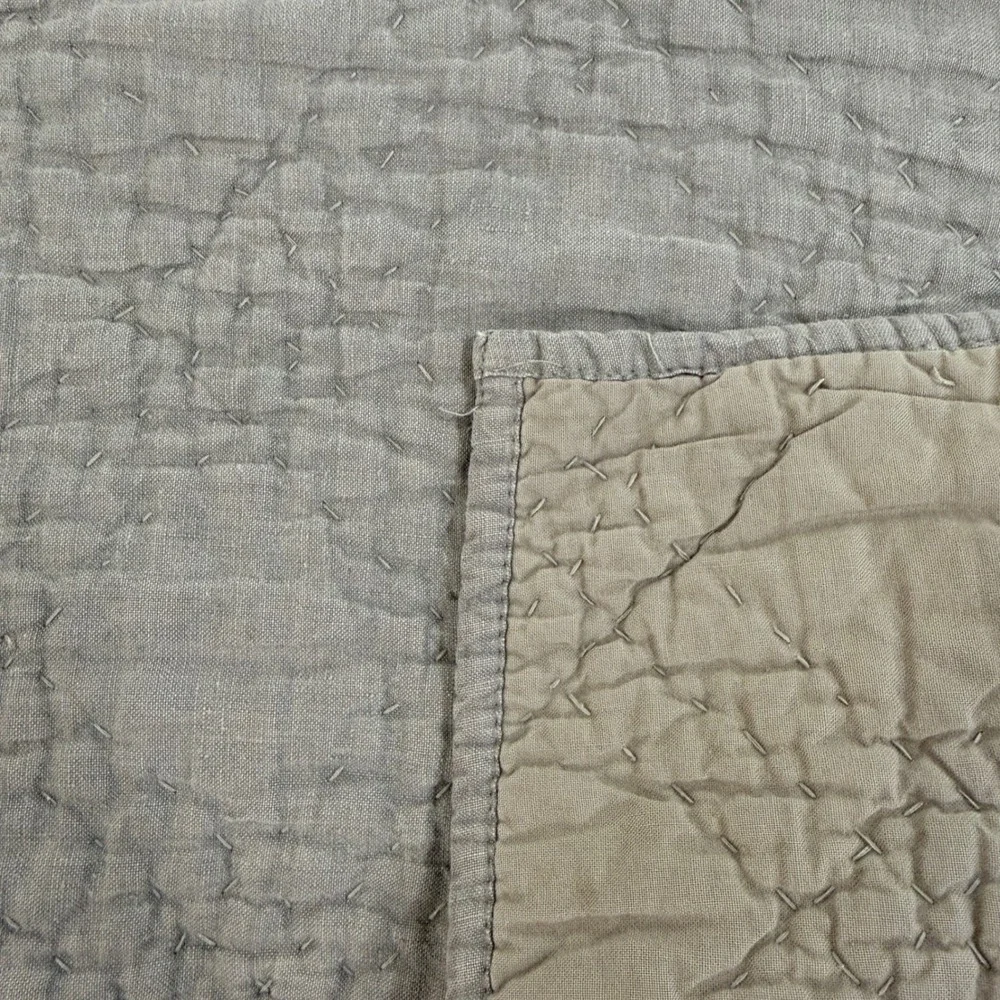 RH Restoration Hardware Linen Cotton Kantha Pick Stitch Quilt King Grey Taupe